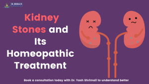 Two kidney illustrations, one healthy and one with stones, denoting homeopathic treatment benefits
