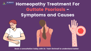 An illustration depicting the symptoms of Guttate Psoriasis on arms, neck, and hand
