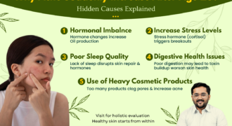 Infographic explaining why acne suddenly increases after age 25 including hormonal imbalance, poor sleep quality, digestive health issues, stress, and heavy cosmetic products.