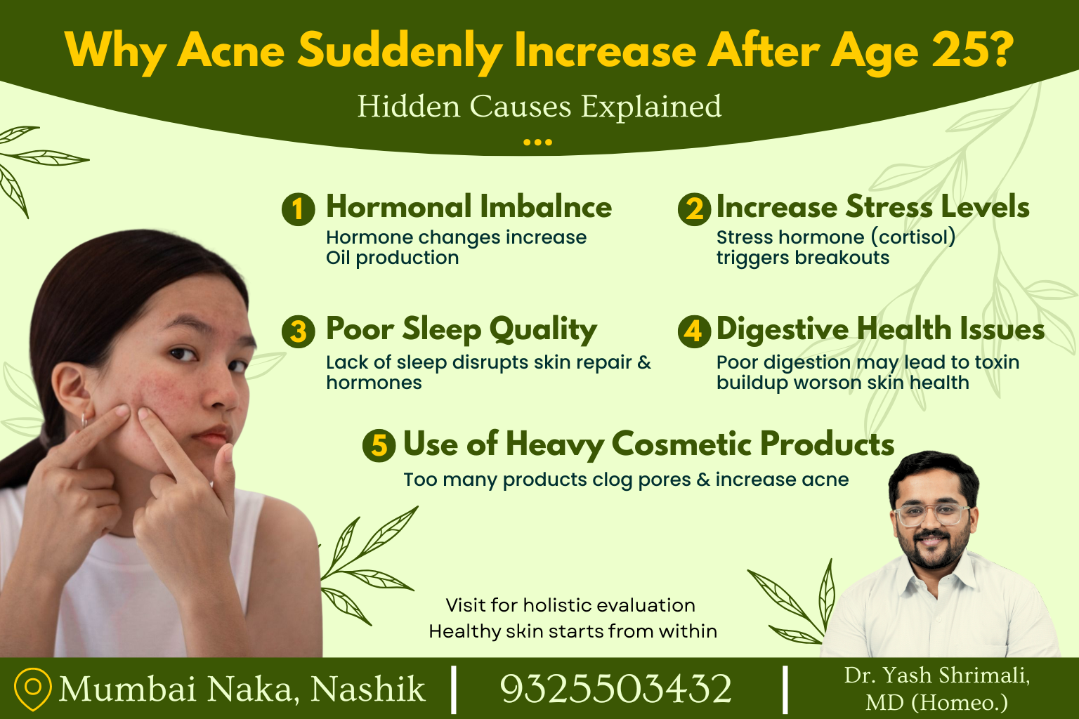Infographic explaining why acne suddenly increases after age 25 including hormonal imbalance, poor sleep quality, digestive health issues, stress, and heavy cosmetic products.