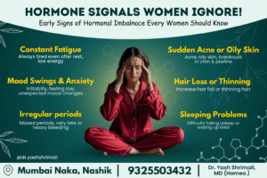 Hormone signals women ignore infographic showing fatigue, irregular periods, mood swings, acne, hair loss, and sleep problems as early signs of hormonal imbalance