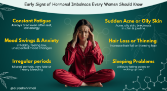 Hormone signals women ignore infographic showing fatigue, irregular periods, mood swings, acne, hair loss, and sleep problems as early signs of hormonal imbalance