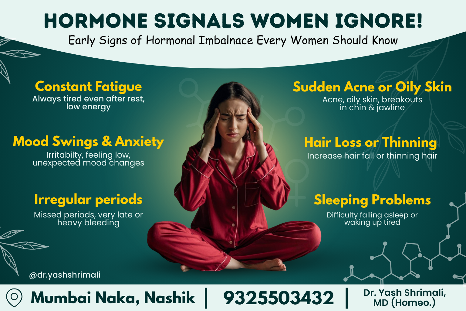 Hormone signals women ignore infographic showing fatigue, irregular periods, mood swings, acne, hair loss, and sleep problems as early signs of hormonal imbalance