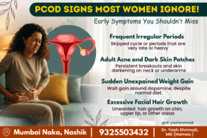Infographic showing PCOD signs most women ignore such as irregular periods, adult acne, weight gain, excess facial hair, and mood swings.