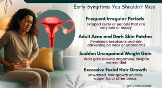 Infographic showing PCOD signs most women ignore such as irregular periods, adult acne, weight gain, excess facial hair, and mood swings.