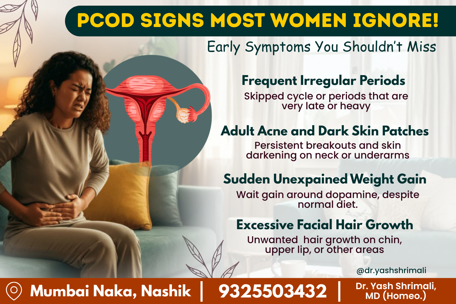 Infographic showing PCOD signs most women ignore such as irregular periods, adult acne, weight gain, excess facial hair, and mood swings.
