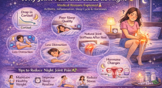 Infographic explaining why joint pain increases at night due to drop in cortisol, inflammation, arthritis, hormonal changes, poor sleep quality, and joint stiffness after rest.