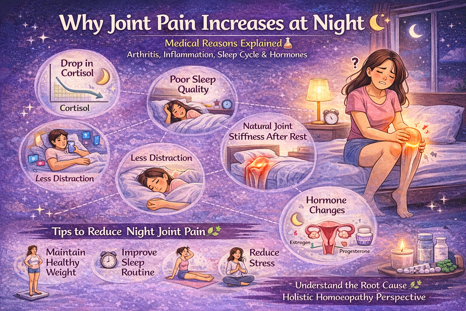 Infographic explaining why joint pain increases at night due to drop in cortisol, inflammation, arthritis, hormonal changes, poor sleep quality, and joint stiffness after rest.