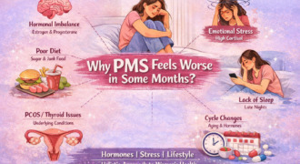 Infographic explaining why PMS feels worse in some months due to hormonal imbalance, emotional stress, poor diet, lack of sleep, PCOS, thyroid issues, and cycle changes.