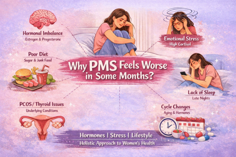 Infographic explaining why PMS feels worse in some months due to hormonal imbalance, emotional stress, poor diet, lack of sleep, PCOS, thyroid issues, and cycle changes.