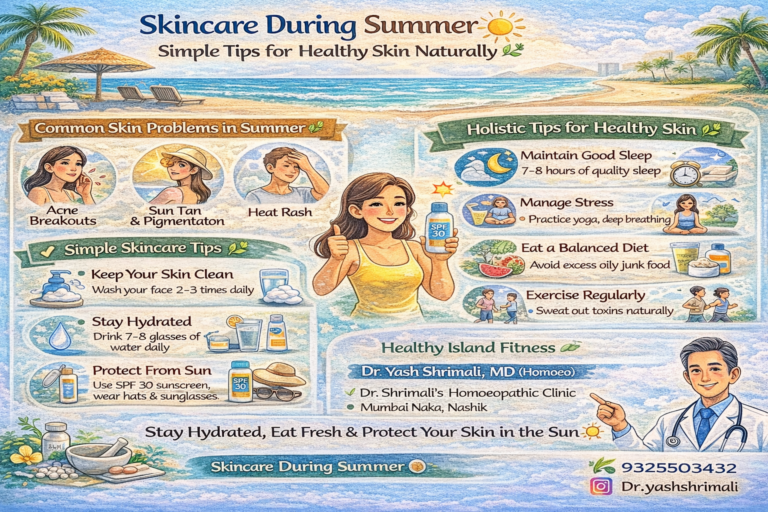 Infographic showing skincare during summer tips including hydration, sun protection, healthy diet, sleep, and lifestyle habits for maintaining healthy skin naturally.