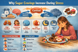 Why sugar cravings increase during stress infographic showing cortisol, emotional eating, low serotonin, poor sleep and blood sugar imbalance