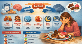 Why sugar cravings increase during stress infographic showing cortisol, emotional eating, low serotonin, poor sleep and blood sugar imbalance