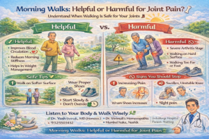 Infographic explaining morning walks helpful or harmful for joint pain, showing benefits like improved circulation and risks like severe arthritis, hard surfaces, and increased knee pain.