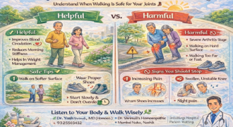 Infographic explaining morning walks helpful or harmful for joint pain, showing benefits like improved circulation and risks like severe arthritis, hard surfaces, and increased knee pain.