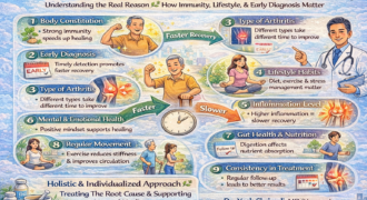 Infographic explaining why some people recover faster from arthritis than others, highlighting immunity, early diagnosis, inflammation level, lifestyle habits, gut health, and consistency in treatment.