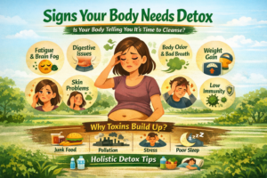 Signs your body needs detox infographic showing fatigue, digestive issues, skin problems, bad breath, weight gain and low immunity