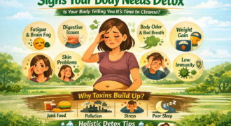 Signs your body needs detox infographic showing fatigue, digestive issues, skin problems, bad breath, weight gain and low immunity
