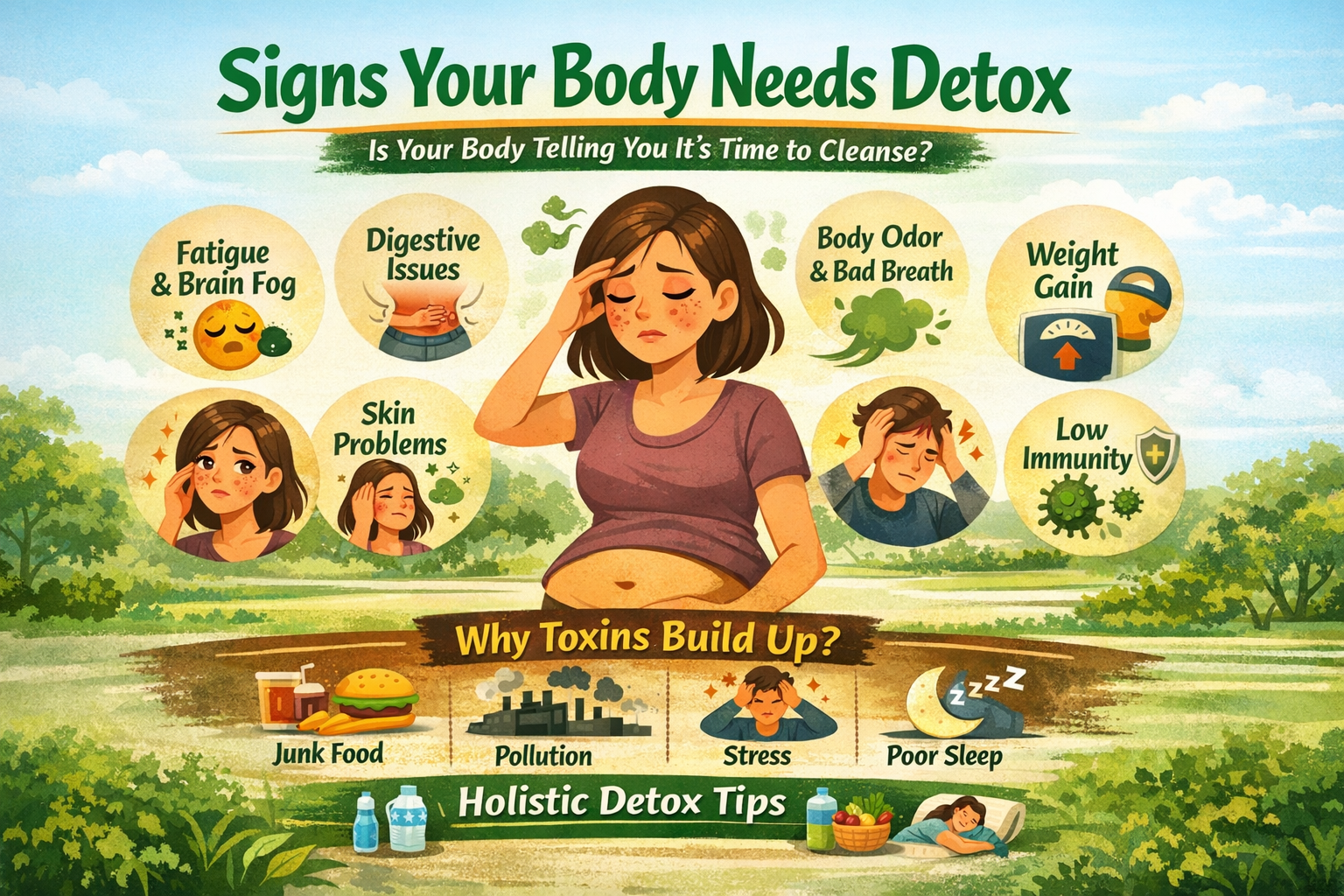 Signs your body needs detox infographic showing fatigue, digestive issues, skin problems, bad breath, weight gain and low immunity