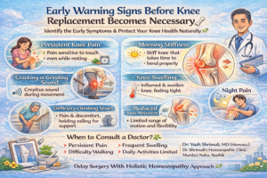 Infographic showing early warning signs before knee replacement becomes necessary including persistent knee pain, morning stiffness, swelling, cracking sound, reduced movement, and night pain.