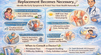 Infographic showing early warning signs before knee replacement becomes necessary including persistent knee pain, morning stiffness, swelling, cracking sound, reduced movement, and night pain.