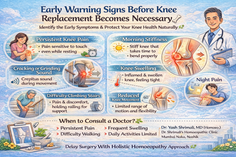 Infographic showing early warning signs before knee replacement becomes necessary including persistent knee pain, morning stiffness, swelling, cracking sound, reduced movement, and night pain.