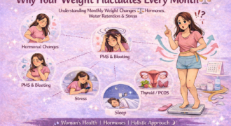 Horizontal infographic explaining why your weight fluctuates every month due to hormonal changes, PMS, water retention, thyroid, PCOS, stress, and sleep quality in women.