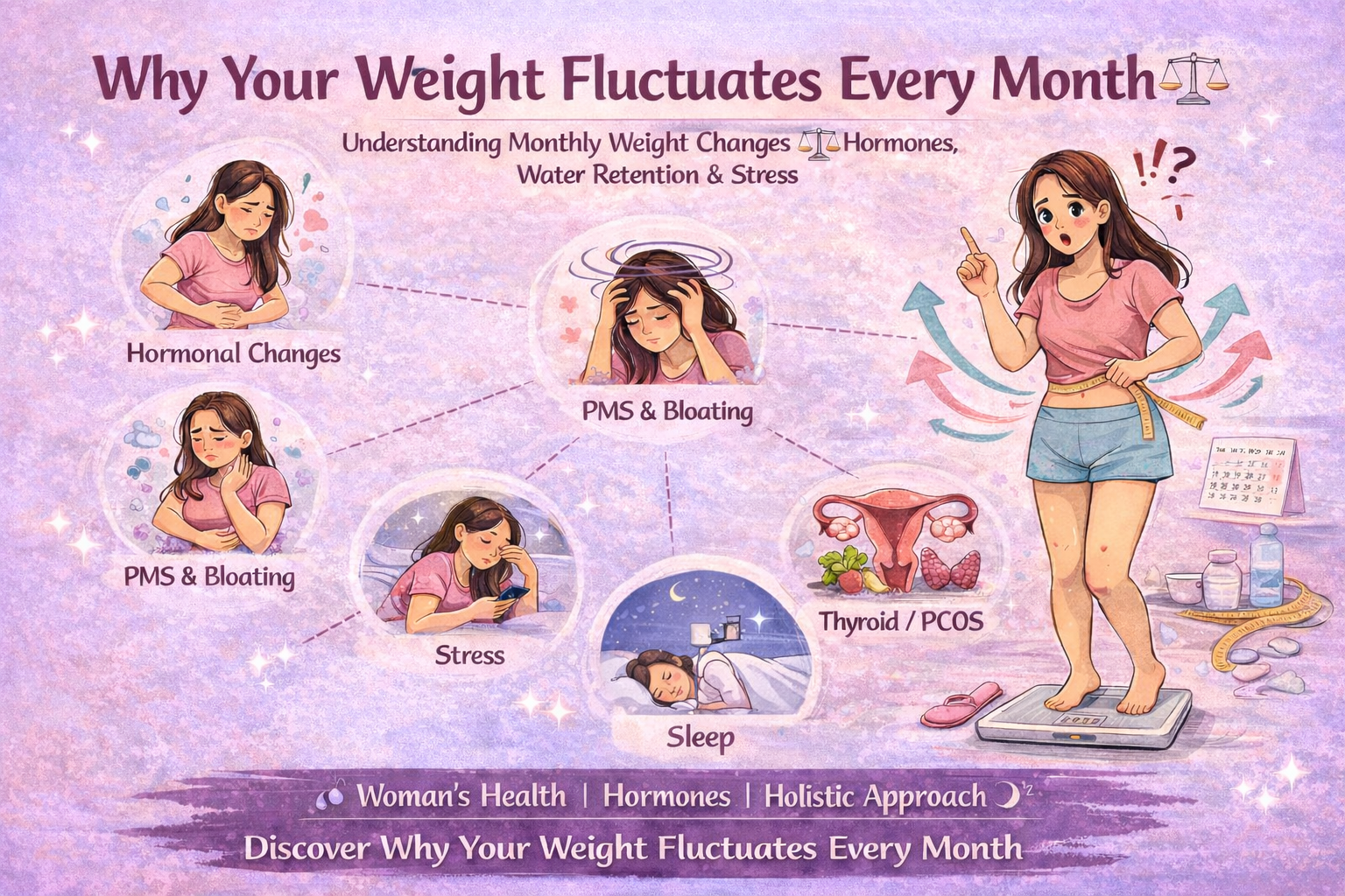 Horizontal infographic explaining why your weight fluctuates every month due to hormonal changes, PMS, water retention, thyroid, PCOS, stress, and sleep quality in women.