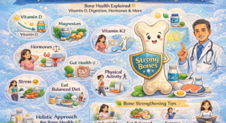 Infographic explaining why calcium alone is not enough for strong bones, highlighting vitamin D, magnesium, vitamin K2, hormones, gut health, stress, and physical activity for better bone strength.