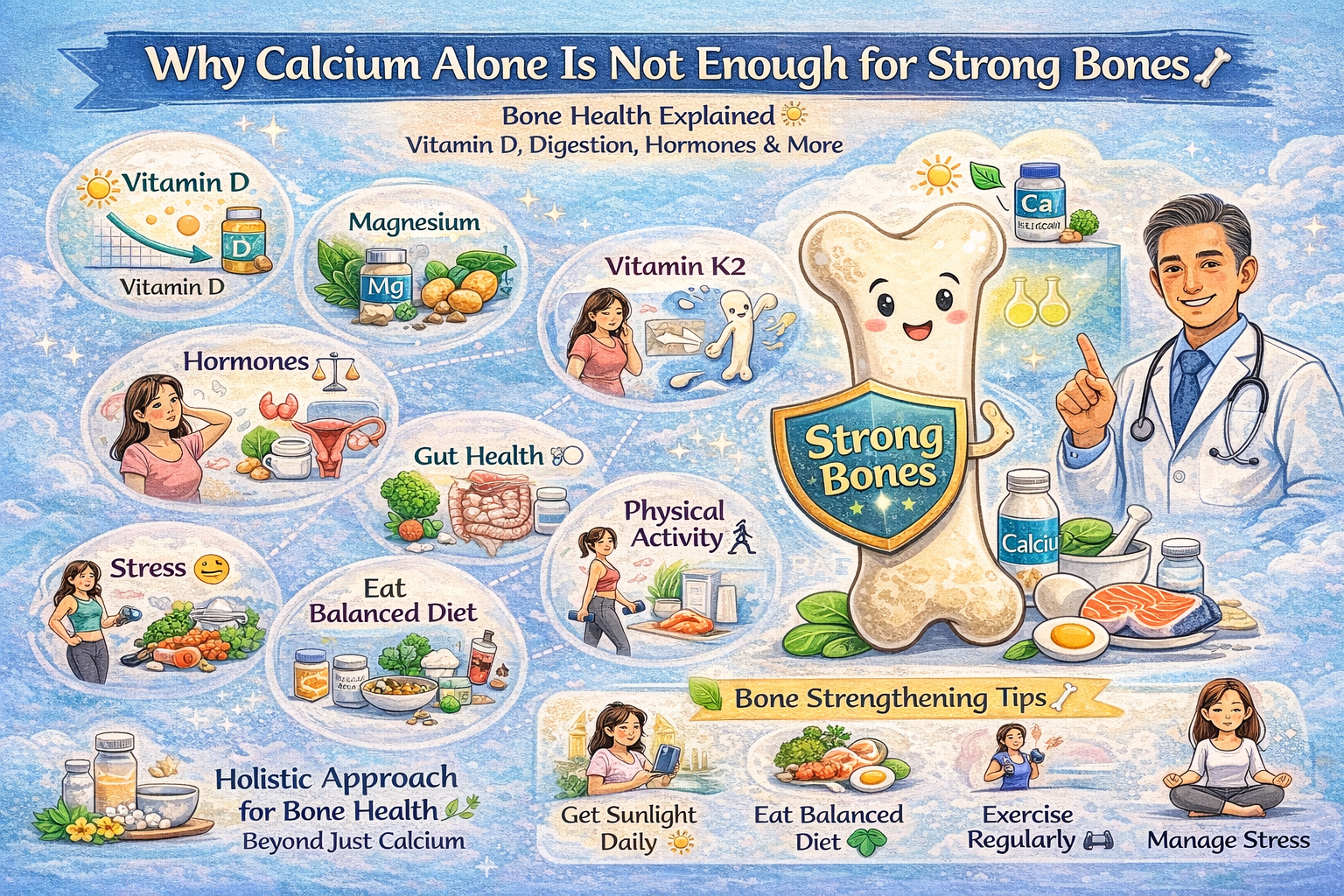 Infographic explaining why calcium alone is not enough for strong bones, highlighting vitamin D, magnesium, vitamin K2, hormones, gut health, stress, and physical activity for better bone strength.