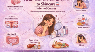 Horizontal infographic explaining acne that doesn’t respond to skincare due to internal causes like hormonal imbalance, PCOS, gut health issues, poor liver function, insulin resistance, diet, stress, and lack of sleep.