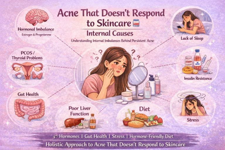 Horizontal infographic explaining acne that doesn’t respond to skincare due to internal causes like hormonal imbalance, PCOS, gut health issues, poor liver function, insulin resistance, diet, stress, and lack of sleep.