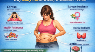 Why belly fat is actually a hormone problem infographic showing cortisol, insulin resistance, estrogen imbalance, thyroid issues and leptin affecting abdominal fat