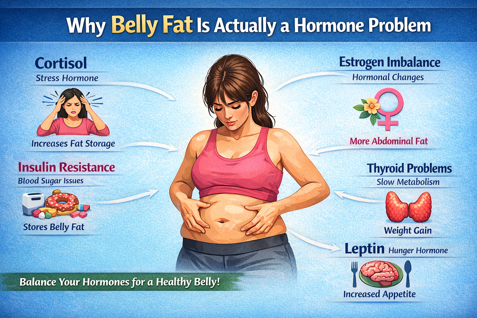 Why belly fat is actually a hormone problem infographic showing cortisol, insulin resistance, estrogen imbalance, thyroid issues and leptin affecting abdominal fat